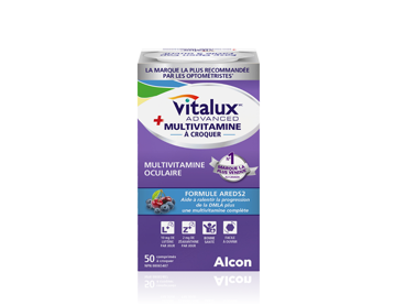 Boîte de produit pour la multivitamine oculaire à croquer Vitalux Advanced Multivitamin d'Alcon. 