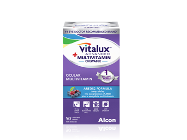 Product box for Vitalux Advanced Multivitamin Chewable ocular multivitamin by Alcon. 