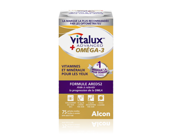 Boîte de produit pour la vitamine et le minéral oculaires Vitalux Advanced Oméga-3 d'Alcon