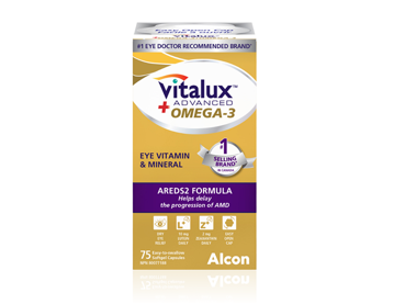 Product box for Vitalux Advanced Omega-3 eye vitamin and mineral by Alcon