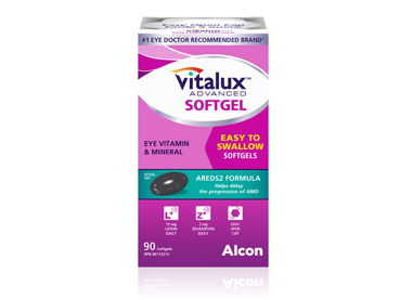 Product box for Vitalux Advanced Softgel eye vitamin and mineral by Alcon