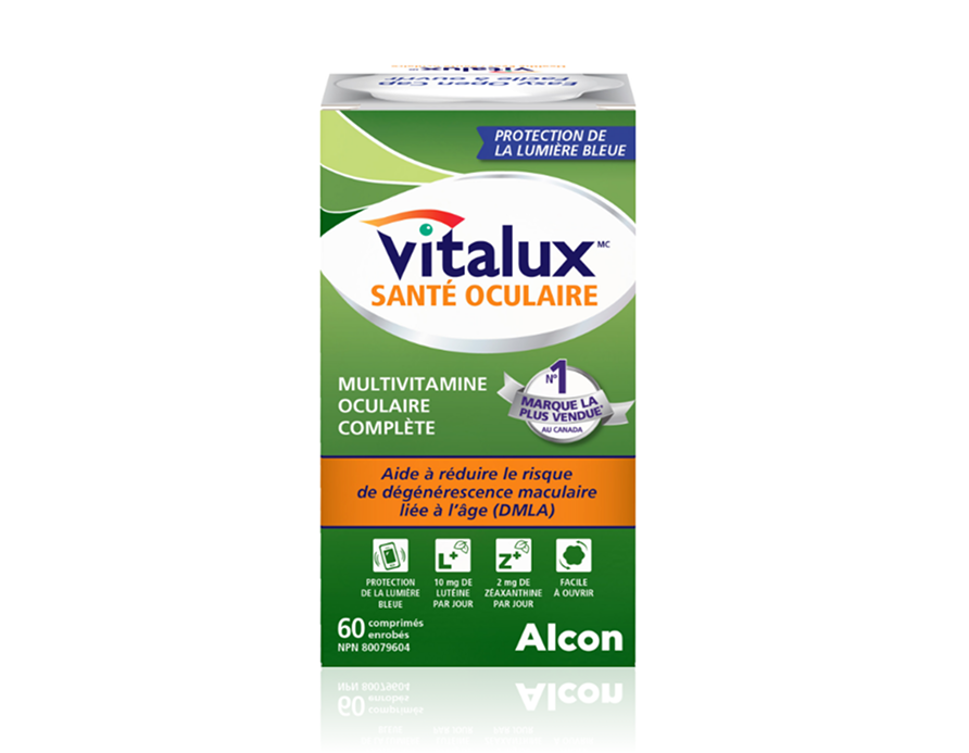 Boîte de produit des multivitamines oculaires complètes Vitalux Santé oculaire d'Alcon. Aide à réduire le risque de dégénérescence maculaire liée à l’âge (DMLA) avec une protection contre la lumière bleue.