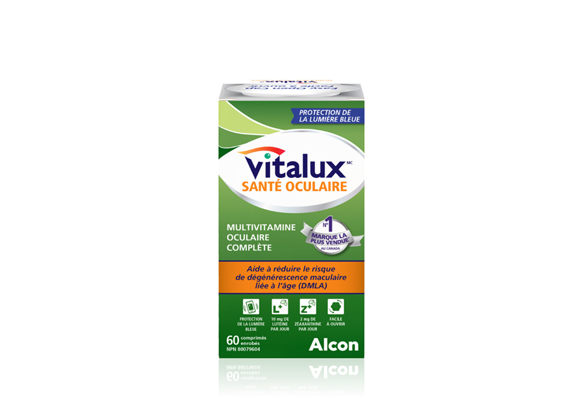 Boîte de produit des multivitamines oculaires complètes Vitalux Santé oculaire d'Alcon. 