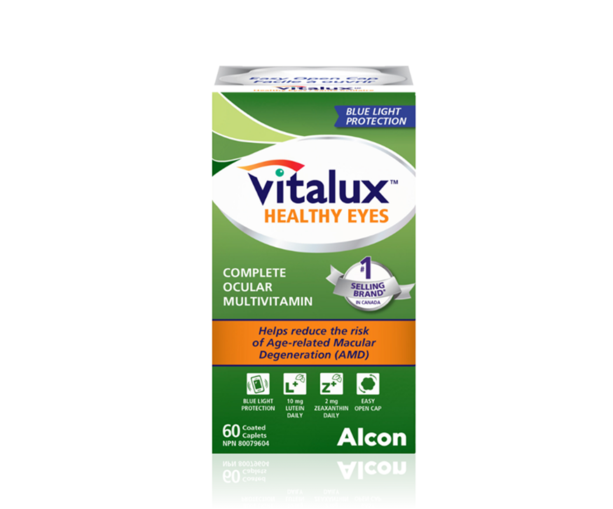 Product box for Vitalux Healthy Eyes complete ocular multivitamins by Alcon. Helps reduce the risk of Age-related Macular Degeneration (AMD) with Blue Light Protection.