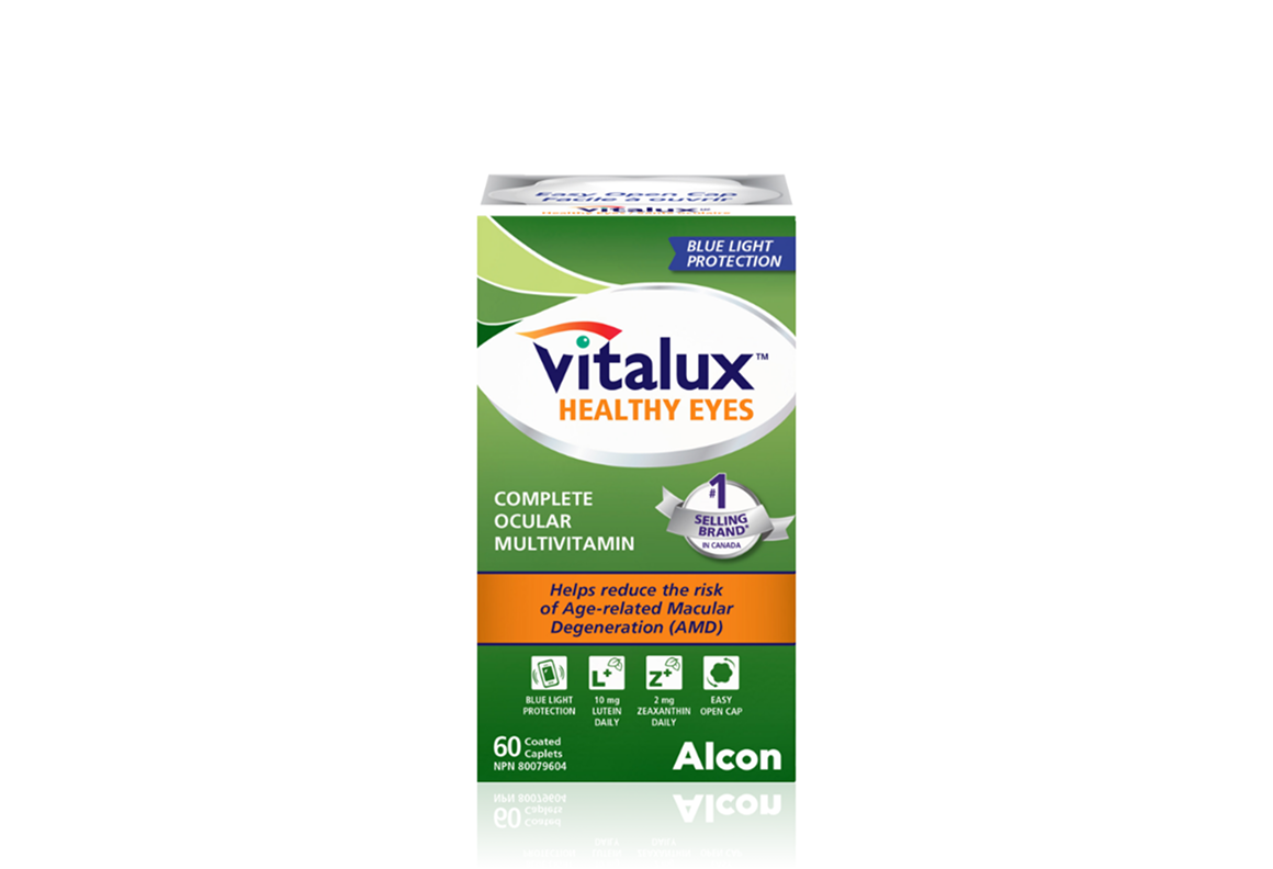 Product box for Vitalux Healthy Eyes complete ocular multivitamins by Alcon. 