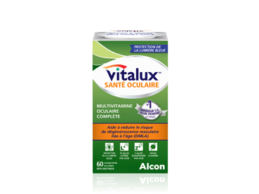 Boîte de produit des multivitamines oculaires complètes Vitalux Santé oculaire d'Alcon. 