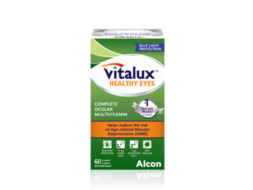 Product box for Vitalux Healthy Eyes complete ocular multivitamins by Alcon. 