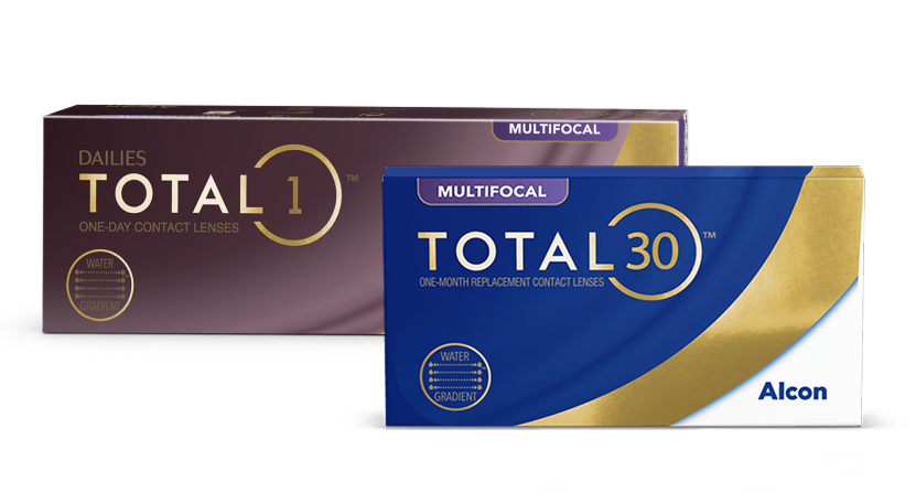 Emballage des lentilles cornéennes TOTAL30 Multifocal avec un design bleu foncé et doré, portant le logo Alcon et indiquant un remplacement mensuel