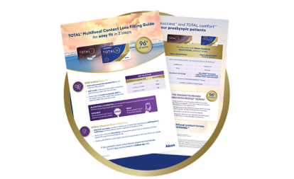 Guides d’ajustement imprimés TOTAL30 Multifocal avec étapes de sélection, avantages du produit et conseils d’ajustement pour les professionnels traitant des patients presbytes.