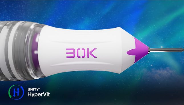 Close-up of the UNITY HyperVit 30K surgical probe with a white and purple handle, shown against a blue and green aurora background