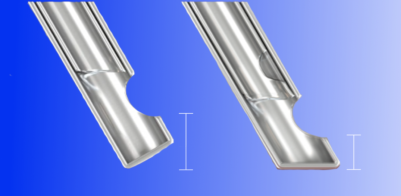 An image of two probe tips, one beveled and the other flat. The image illustrates that the beveled tip allows for closer proximity to the retina.  