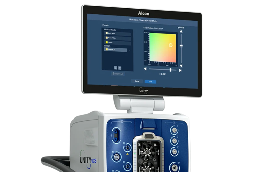 Moniteur affichant un graphique avec le texte « Le système UNITY CS maintient la PIO à ±2 mmHg », illustrant une variation stable de la pression intraoculaire dans le temps.