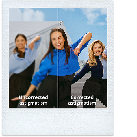 Split image showing three women posing outdoors. The left side, labeled ‘Uncorrected astigmatism,’ is blurry, while the right side, labeled ‘Corrected astigmatism,’ is clear and sharp