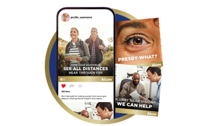 Collage de publicités sur les réseaux sociaux pour Alcon mettant en avant la presbytie et les lentilles TOTAL30® Multifocal. Inclut des images de style de vie et des slogans comme « Voir à toutes les distances » et « Nous pouvons aider ».