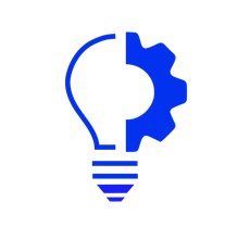 Dark blue icon split into half a light bulb and half a gear.