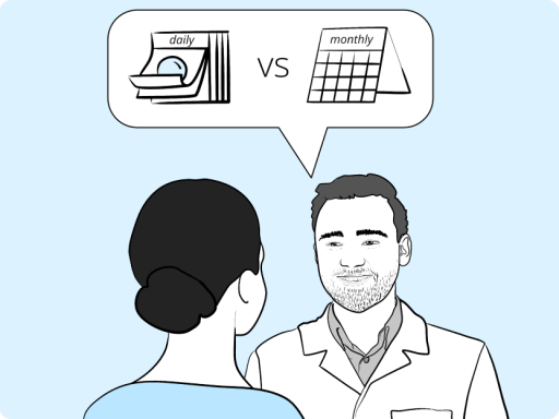 Woman talking to ophthalmologist about daily vs monthyl contact lenses