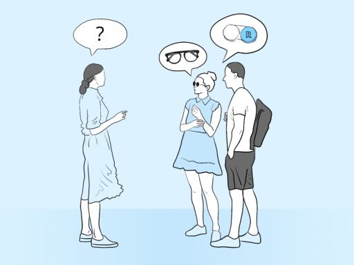 A group of people discussing the choice of contact lenses or glasses