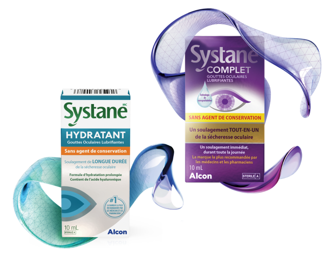 Boîtes de produits pour les flacons de 10 mL des gouttes oculaires lubrifiantes Systane Hydration sans agent de conservation et Systane Complete sans agent de conservation d’Alcon