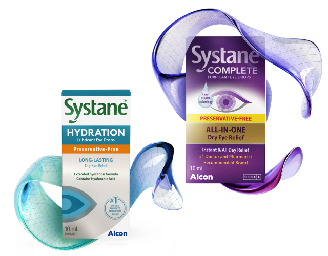 product boxes for 10 mL bottles of Systane Hydration Preservative-Free lubricant eye drops and Systane Complete Preservative-Free lubricant eye drops by Alcon