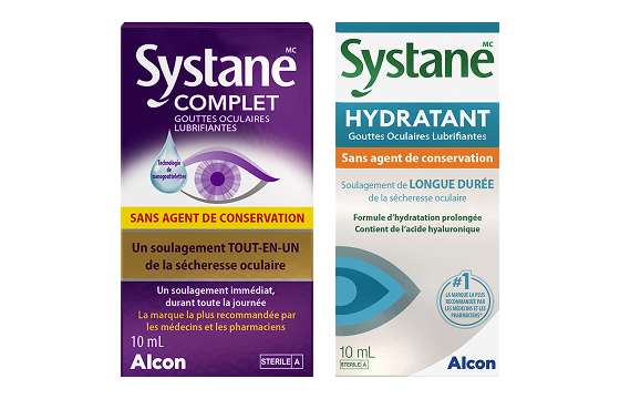 Emballages côte à côte des gouttes oculaires lubrifiantes Systane Complete sans agent de conservation et Systane Hydration sans agent de conservation, flacons de 10 mL