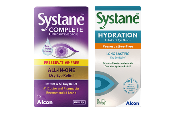 Side-by-side packaging of Systane Complete Preservative-Free and Systane Hydration Preservative-Free lubricant eye drops, 10 mL bottles.