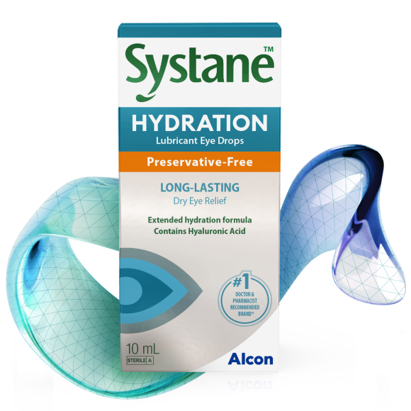 Emballage de 10 mL des gouttes ophtalmiques lubrifiantes Systane HYDRATION sans agent de conservation avec éléments graphiques évoquant l’hydratation.