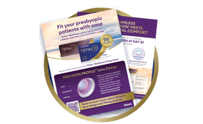 Matériel marketing imprimé faisant la promotion des lentilles TOTAL30 Multifocal pour les patients presbytes. Met en avant le design PRECISION PROFILE et un code QR pour en savoir plus.