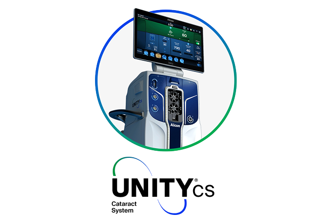 Alcon UNITY CS surgical system with a large display screen showing cataract surgery settings
