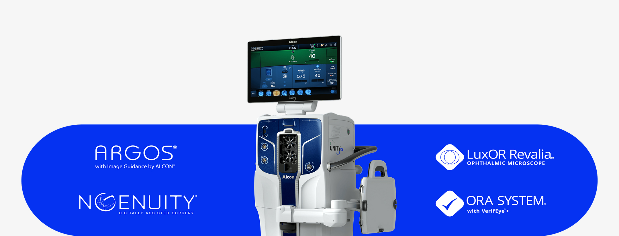 Système chirurgical Alcon UNITY VCS avec écran, présenté aux côtés des logos ARGOS, NGENUITY, LuxOR Revalia et ORA SYSTEM