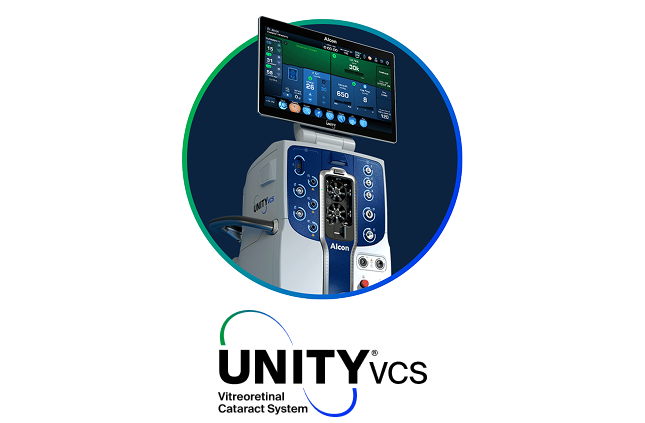 Alcon UNITY VCS surgical system with a large digital screen displaying surgical settings, shown inside a circular graphic frame