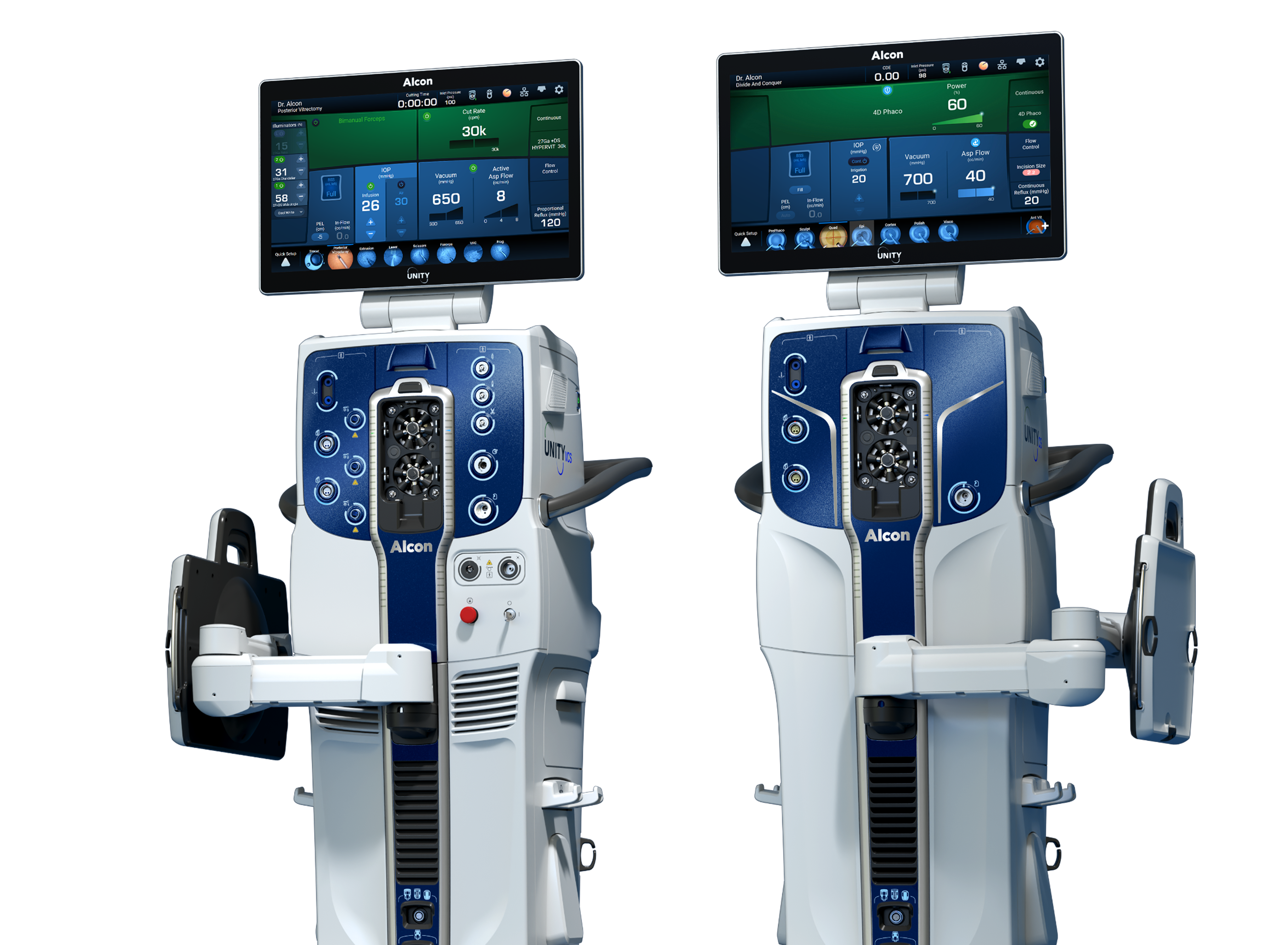 Two Alcon UNITY VCS/CS surgical systems with large digital screens, shown against a night sky with green aurora lights