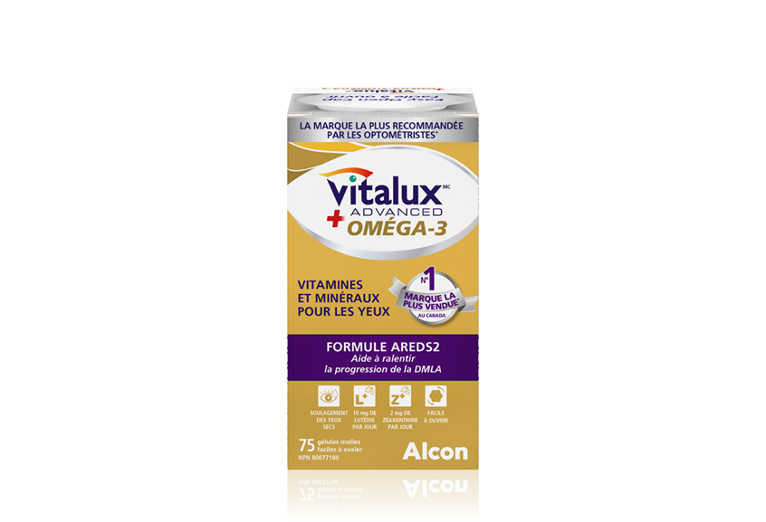 Boîte de produit pour la vitamine et le minéral oculaires Vitalux Advanced Oméga-3 d'Alcon