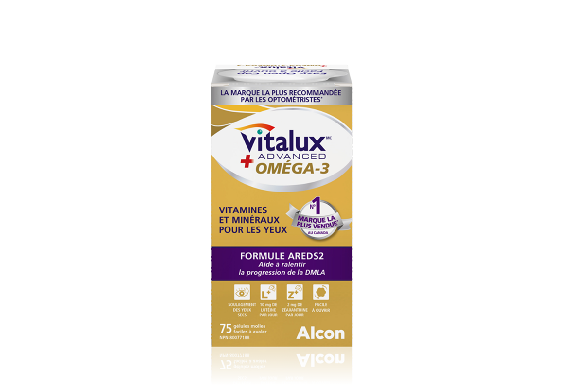 Boîte de produit pour la vitamine et le minéral oculaires Vitalux Advanced Oméga-3 d'Alcon