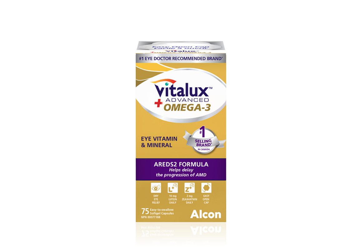 Product box for Vitalux Advanced Omega-3 eye vitamin and mineral by Alcon