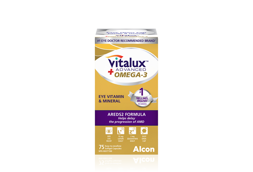 Product box for Vitalux Advanced Omega-3 eye vitamin and mineral by Alcon
