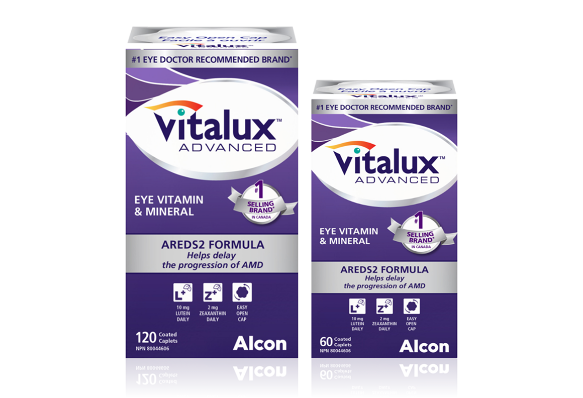 Product box for Vitalux Advanced eye vitamin and mineral by Alcon. AREDS2 formula helps delay the progression of AMD.