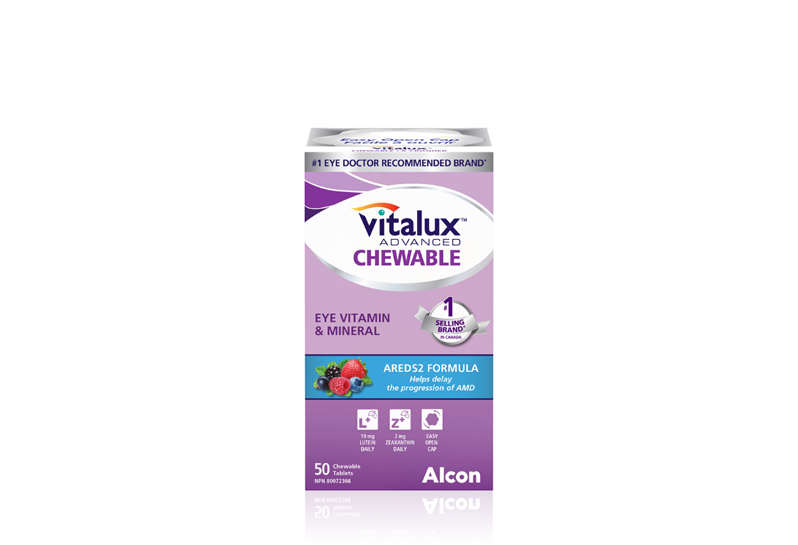 Product box for Vitalux Advanced Chewable eye vitamin and mineral by Alcon. AREDS2 Formula helps delay the progression of AMD.