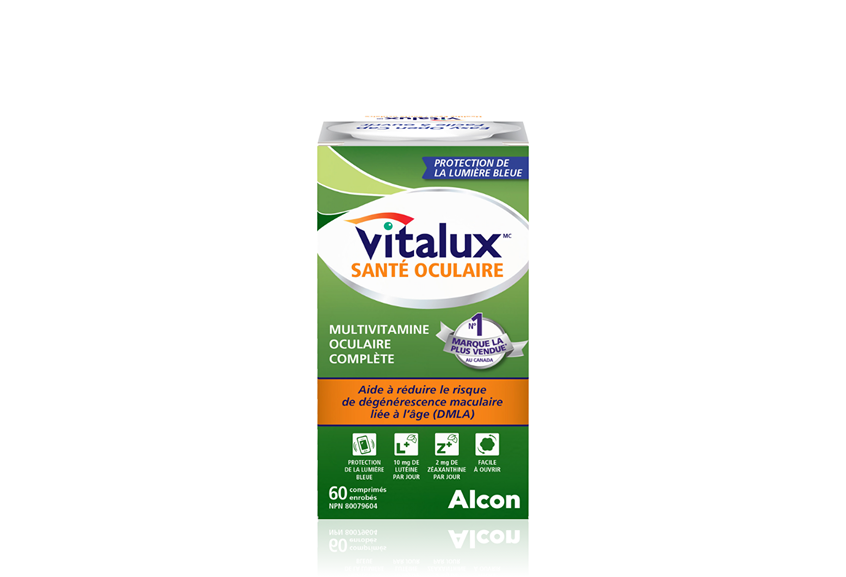 Boîte de produit des multivitamines oculaires complètes Vitalux Santé oculaire d'Alcon. 