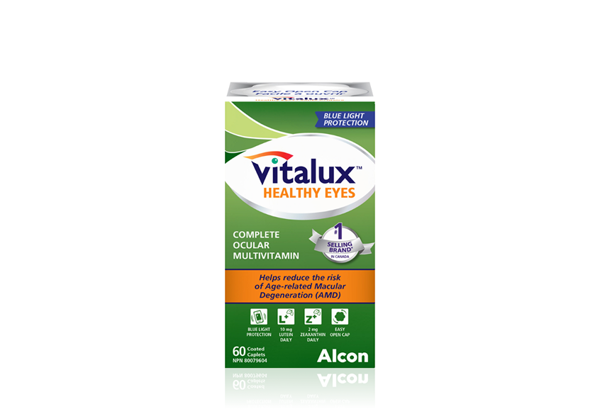 Product box for Vitalux Healthy Eyes complete ocular multivitamins by Alcon. 