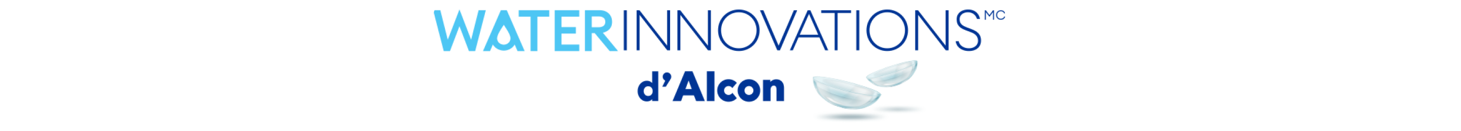 Logo WaterInnovations avec deux lentilles cornéennes translucides sous le texte, représentant l’hydratation et la technologie de pointe.