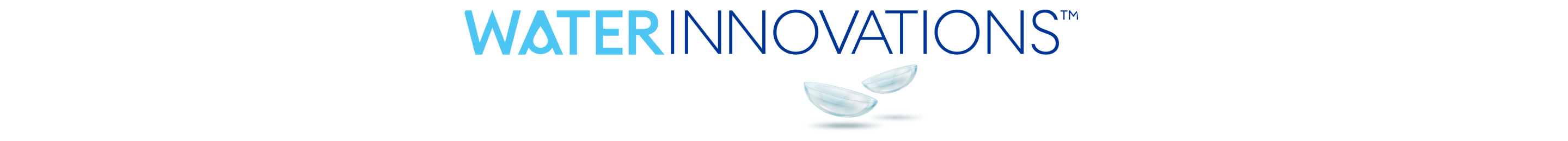 WaterInnovations logo with two translucent contact lenses beneath the text, symbolizing hydration and advanced lens technology.