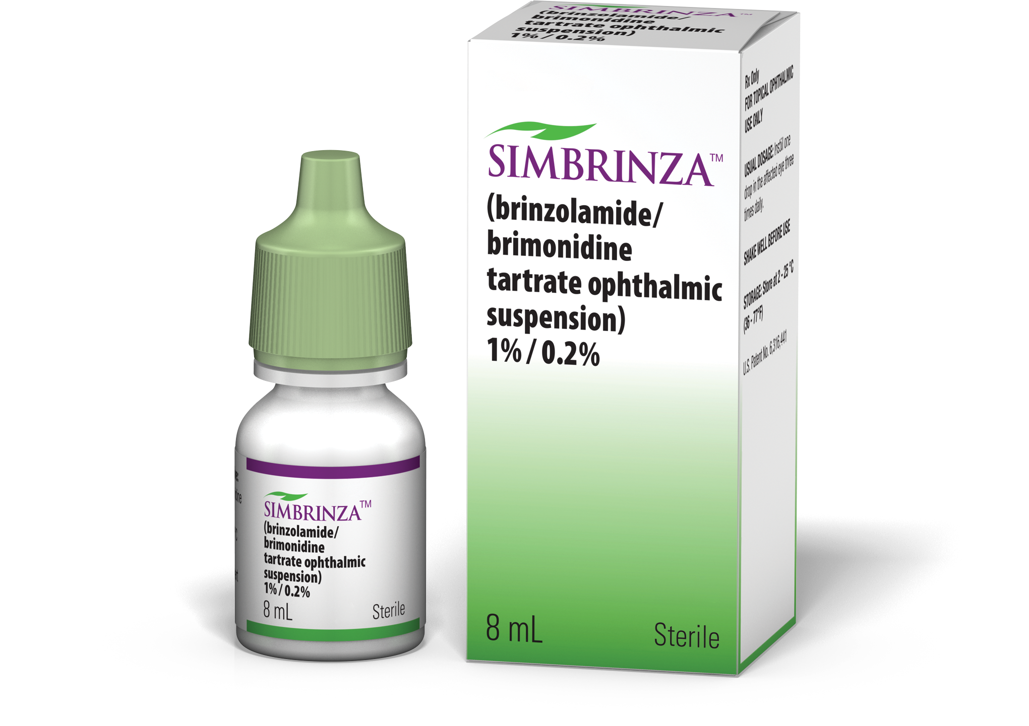 Simbrinza 8 mL eye drops for reducing eye pressure, with green cap and white packaging labeled 1%/0.2%.