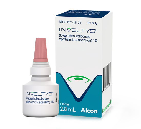 Inveltys 2.8 mL eye drops (loteprednol etabonate ophthalmic suspension 1%) for post-surgical eye inflammation, shown with packaging.