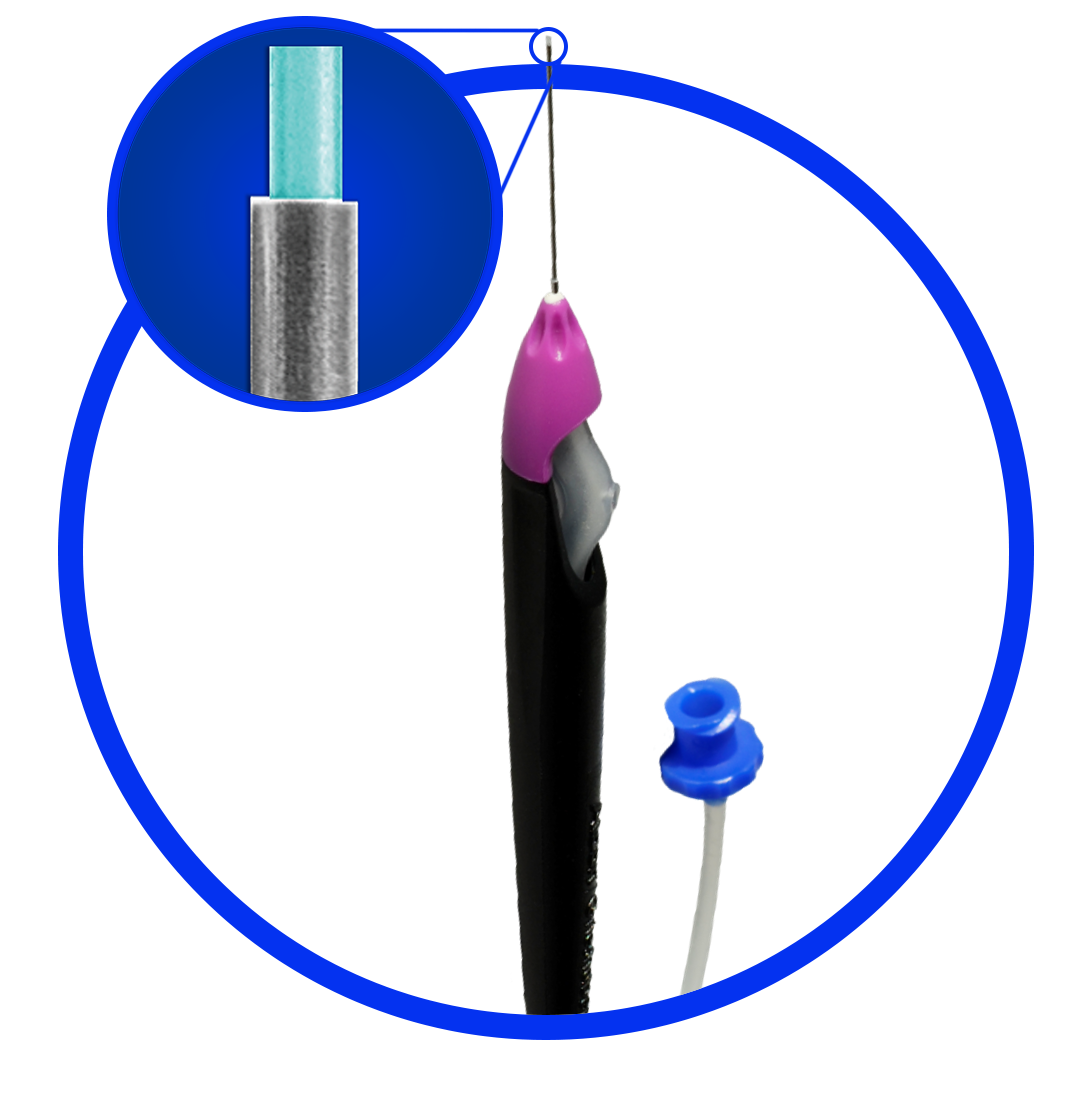 An image of the Grieshaber Advanced Backflush Soft Tip DSP. A zoomed-in image in a circle displays the 0.8 mm polyurethane green soft tip located on the tip of the device.