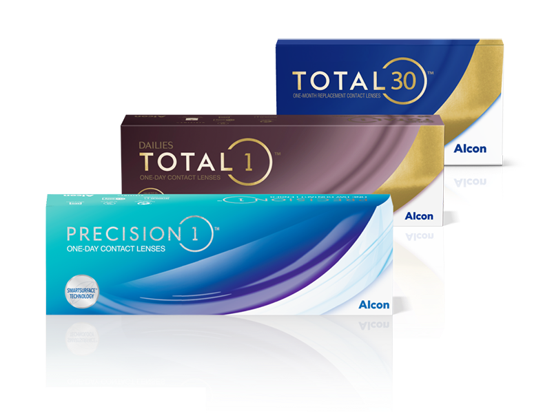 Product boxes for Total30, Dailies Total1, and Precision1 contact lenses by Alcon