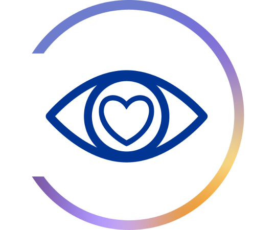Icon of an eye with a heart in a colored unclosed circle