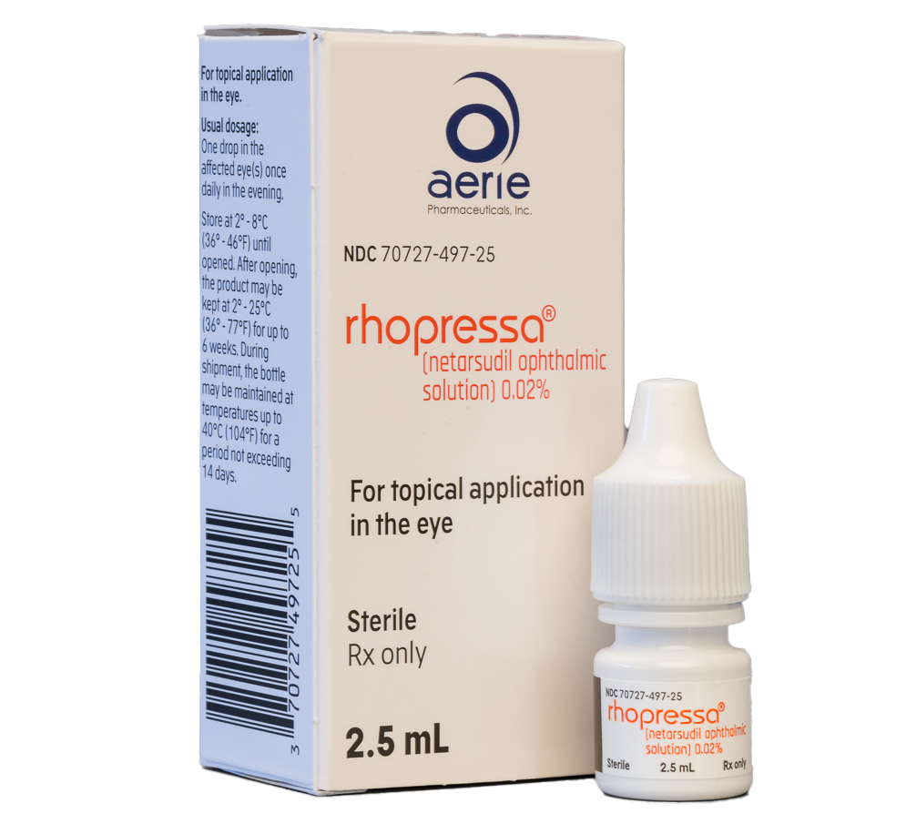 Rhopressa 2.5 mL eye drops (netarsudil ophthalmic solution 0.02%) for topical eye application, shown with white packaging.