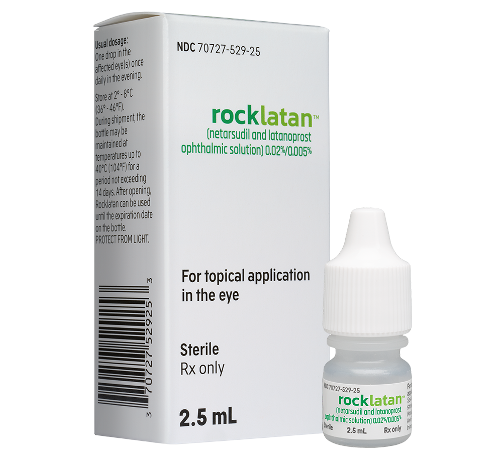 Rocklatan 2.5 mL prescription eye drops in white packaging.